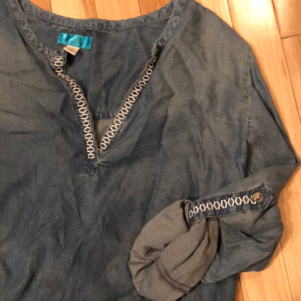 jean shirt with white embroidery